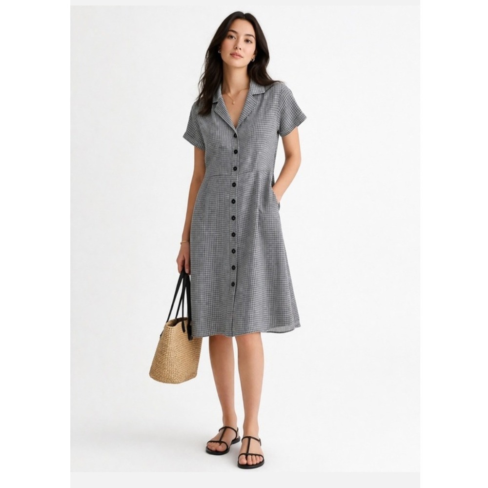 Quince 100% European Linen Button Front Dress Classic Mini Gingham Black White M